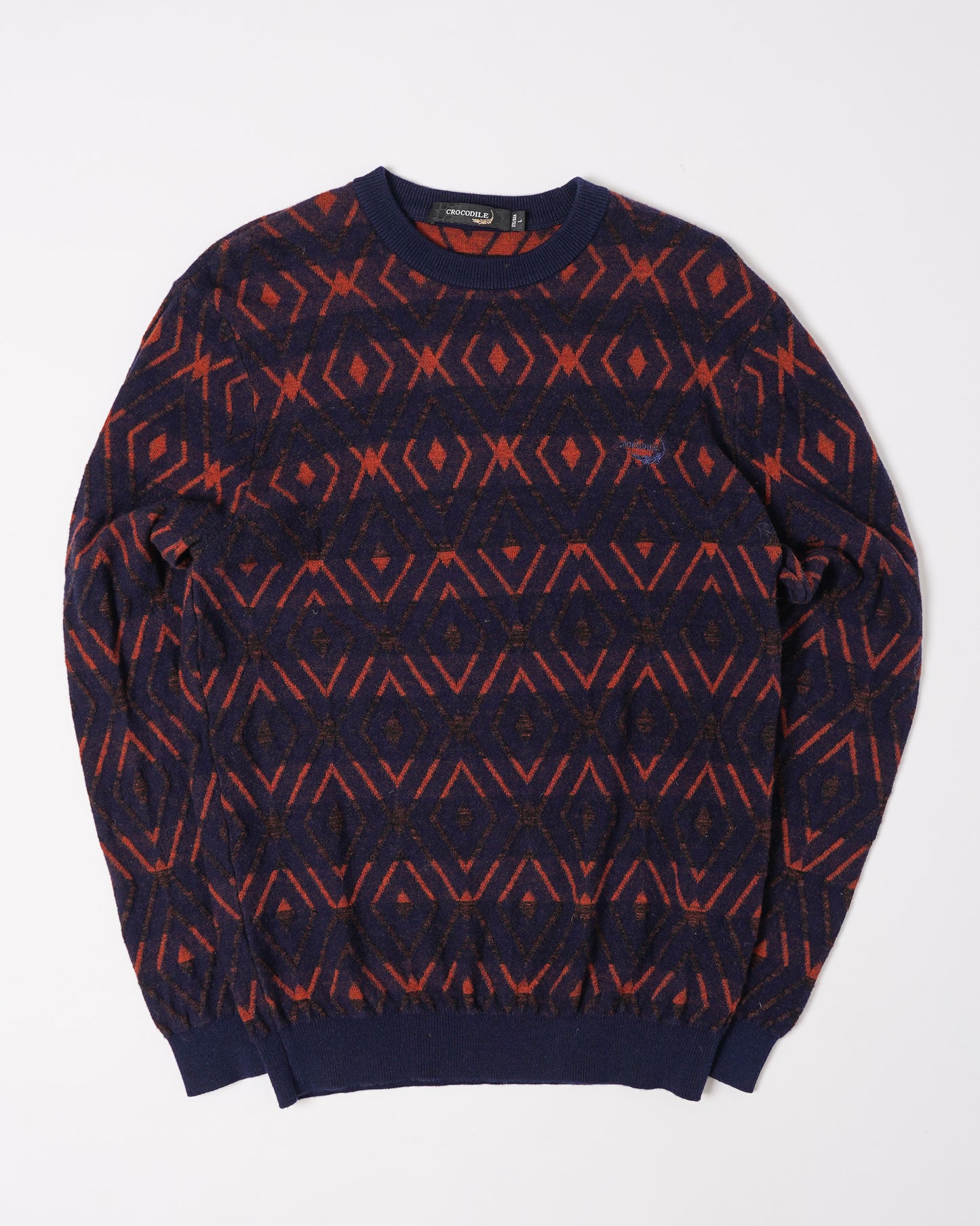 90s CROCODILE NAVY/ORANGE WOOL SWEATER -M