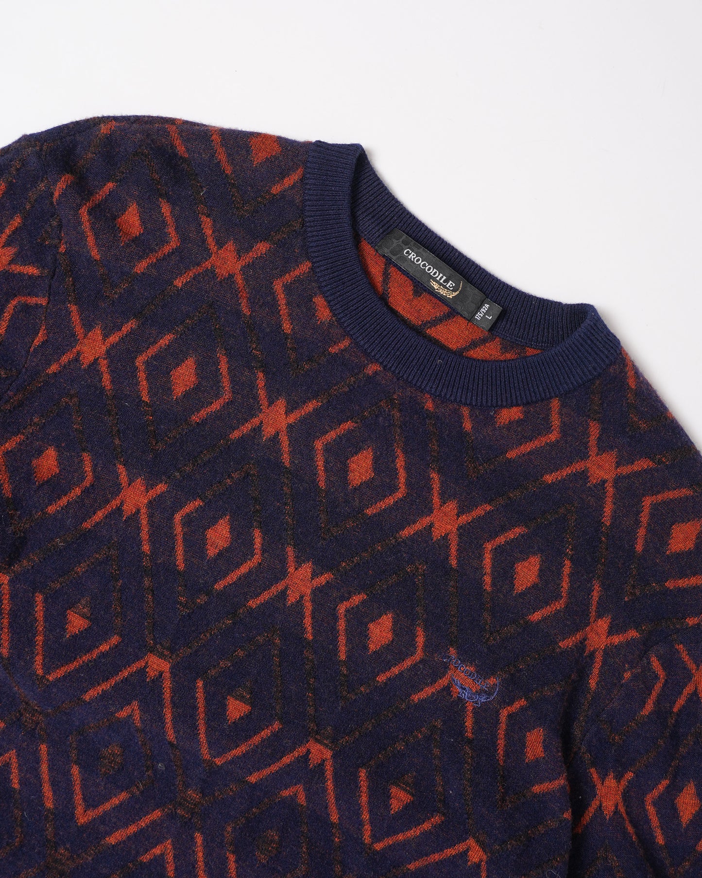 90s CROCODILE NAVY/ORANGE WOOL SWEATER -M
